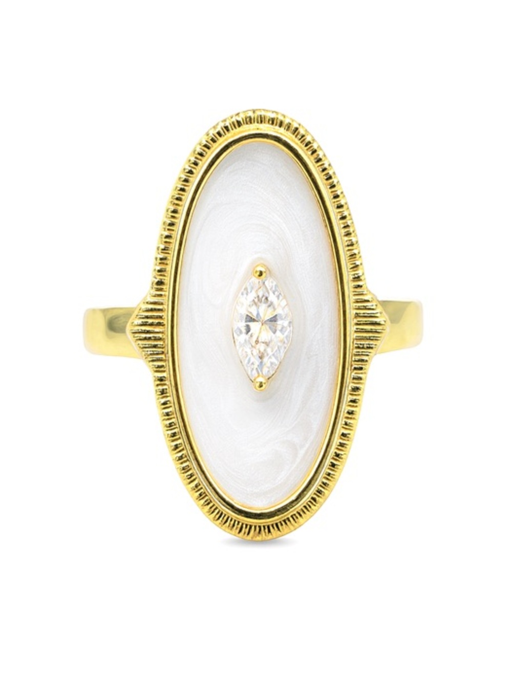 Gold-Tone & White Oval Mother-of-Pearl Statement Ring with Marquise Crystal